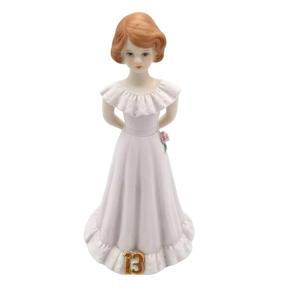 Enesco Birthday Girl Figurine Number 13 Pink Dress Red Hair Vintage 6 Inch 1982 - Picture 1 of 13